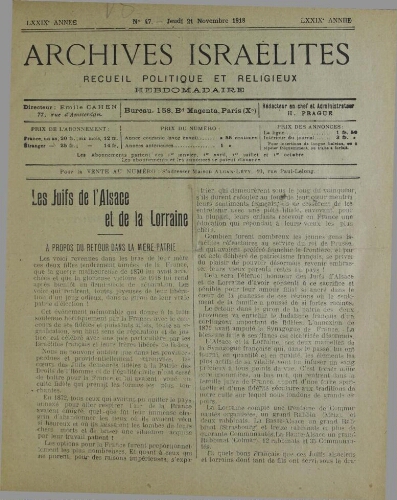 Archives israélites de France. Vol.79 N°47 (21 nov. 1918)